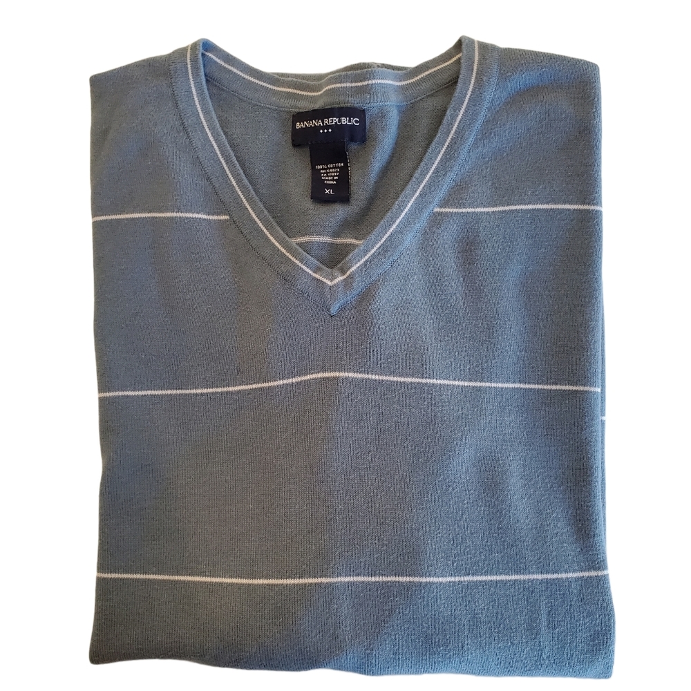 Banana Republic Men's Sweater V-Neck Lightweight 100% Cotton Blue Stripe XL